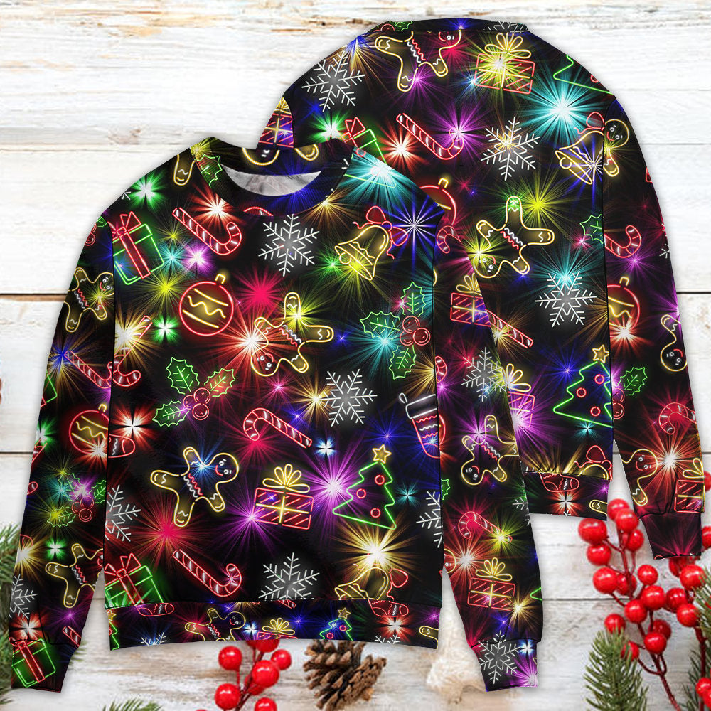 Christmas With Tree And Gift Cookies Gingerbread Man Neon Style New - Sweater - Ugly Christmas Sweaters - Owls Matrix LTD