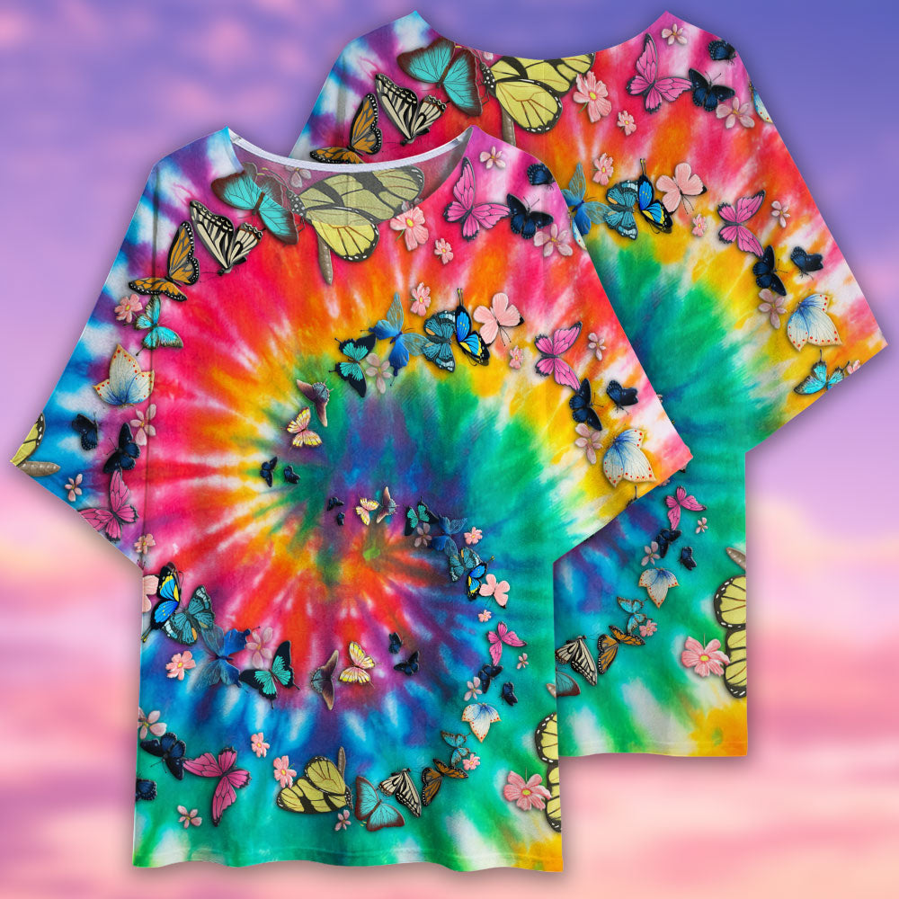 Hippie Tie Dye Butterflies - Women's T-shirt With Bat Sleeve - Owls Matrix LTD