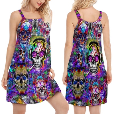 Hippie Skull Color Flowers - Women's Sleeveless Cami Dress - Owls Matrix LTD