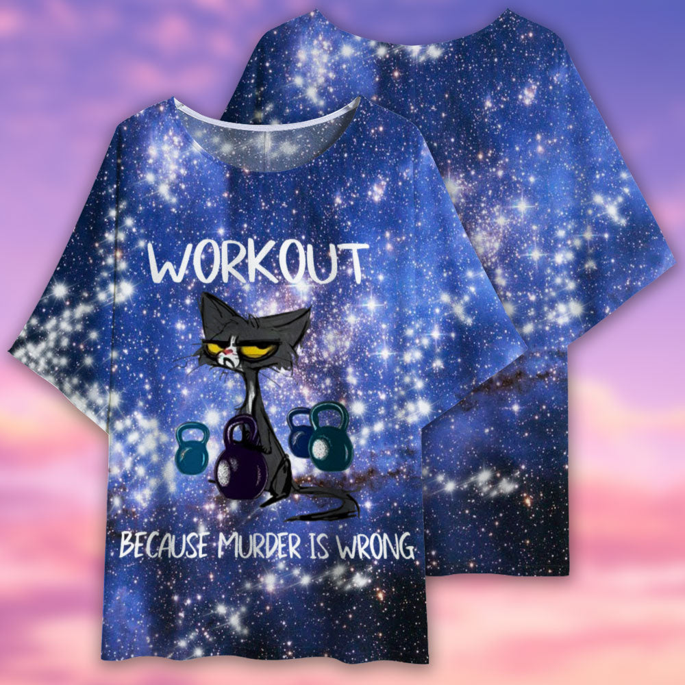 Black Cat Workout Because Murder Is Wrong - Women's T-shirt With Bat Sleeve - Owls Matrix LTD