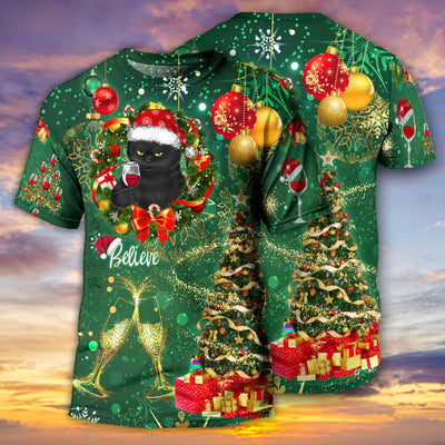Christmas Black Cat Drinking Happy Christmas Tree Green Light - Round Neck T-shirt - Owls Matrix LTD