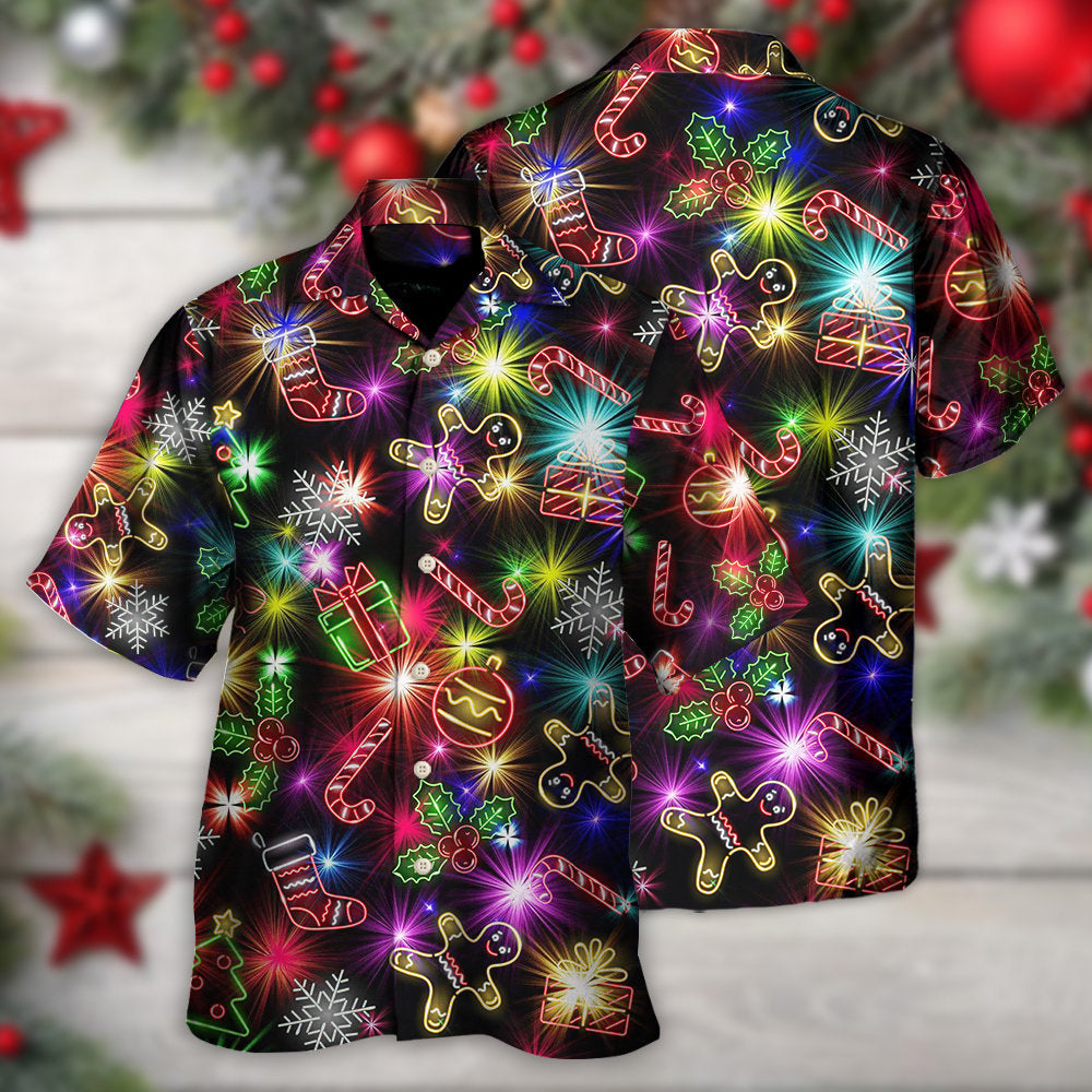 Christmas With Tree And Gift Cookies Gingerbread Man Neon Style - Hawaiian Shirt - Owls Matrix LTD