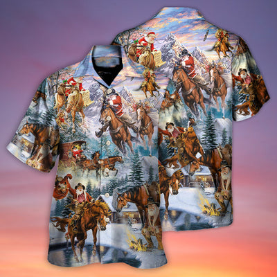 Christmas Santa Claus Riding Horse Snow Mountain Art Style - Hawaiian Shirt - Owls Matrix LTD