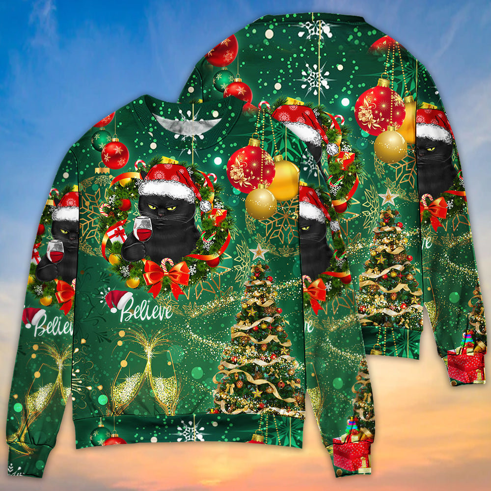 Christmas Black Cat Drinking Happy Christmas Tree Green Light - Sweater - Ugly Christmas Sweaters - Owls Matrix LTD