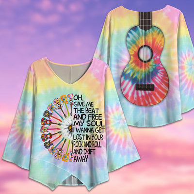Hippie Guitar Tie Dye Style - V-neck T-shirt - Owls Matrix LTD