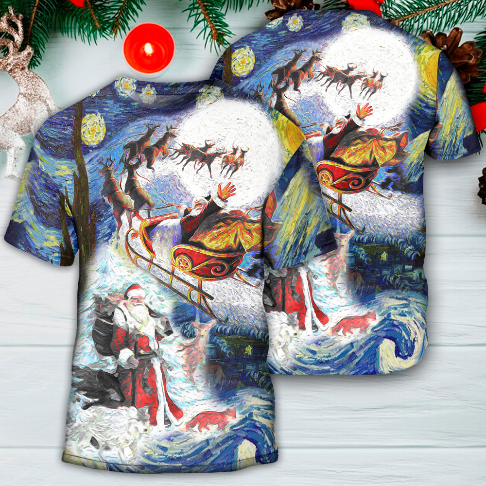 Christmas Friendly Santa With Animals - Round Neck T-shirt - Owls Matrix LTD