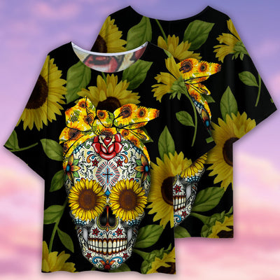 Skull Sunflower Pattern Style - Women's T-shirt With Bat Sleeve - Owls Matrix LTD