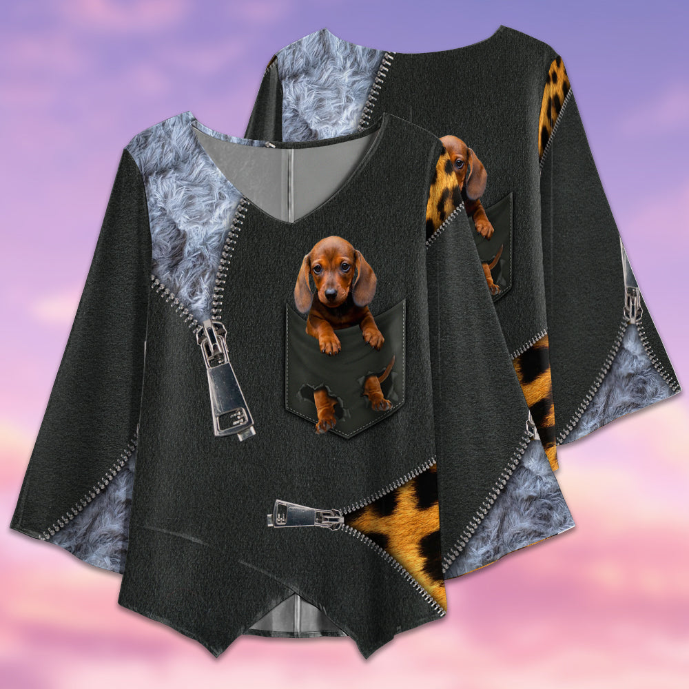 Dachshund Baby In Pocket Zip Style - V-neck T-shirt - Owls Matrix LTD