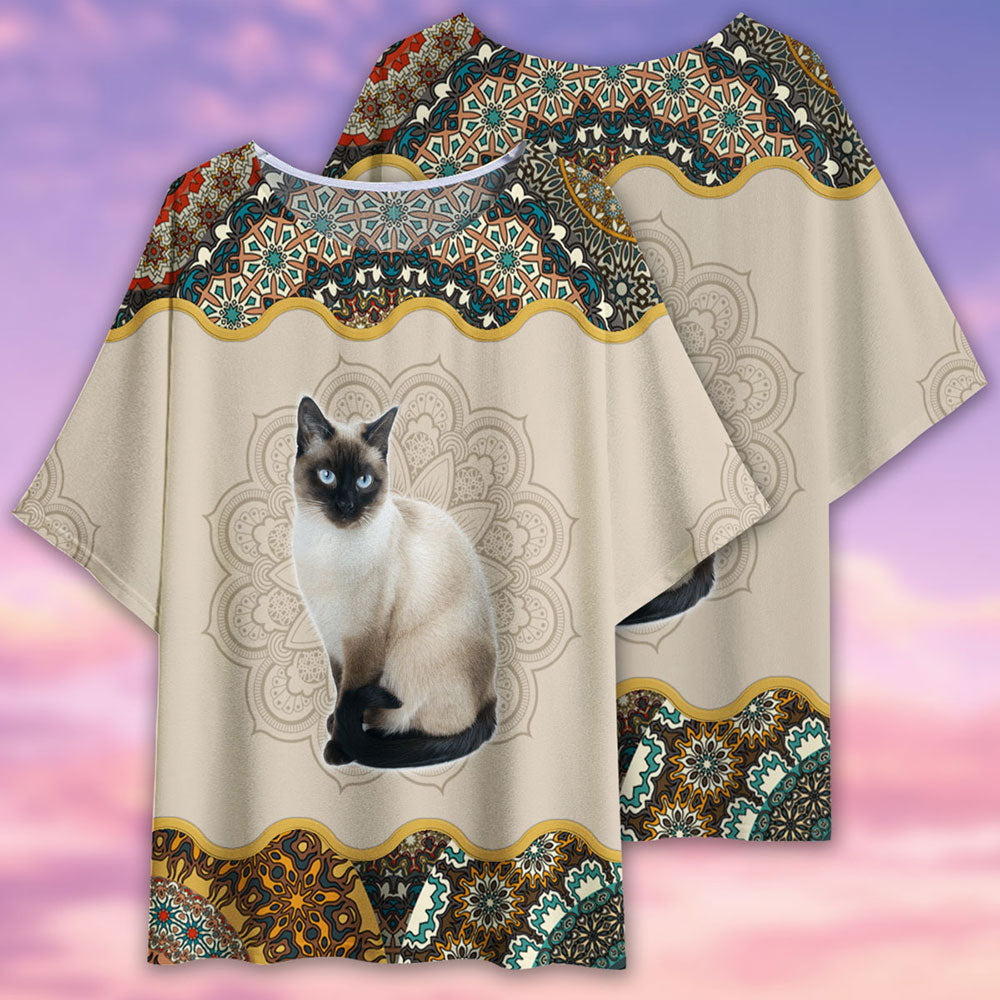 Cat Siamese Cat Mandala Art Style - Women's T-shirt With Bat Sleeve - Owls Matrix LTD