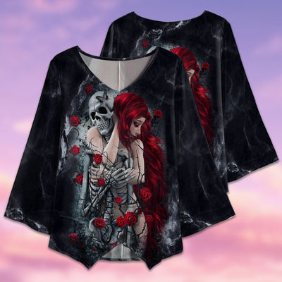 Skull Couple Love Rose Style - V-neck T-shirt - Owls Matrix LTD