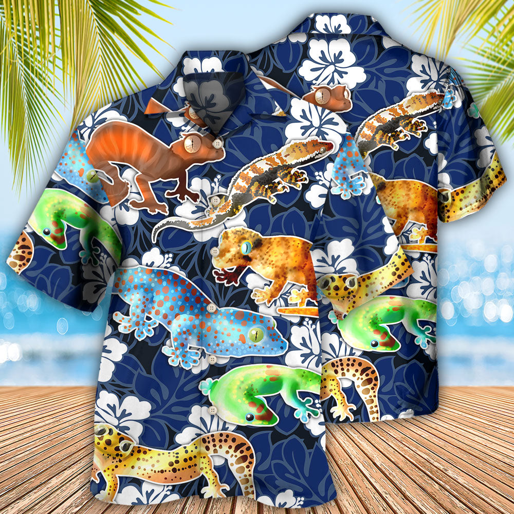 Leopard Gecko Blue Tropical Flower - Hawaiian Shirt - Owls Matrix LTD