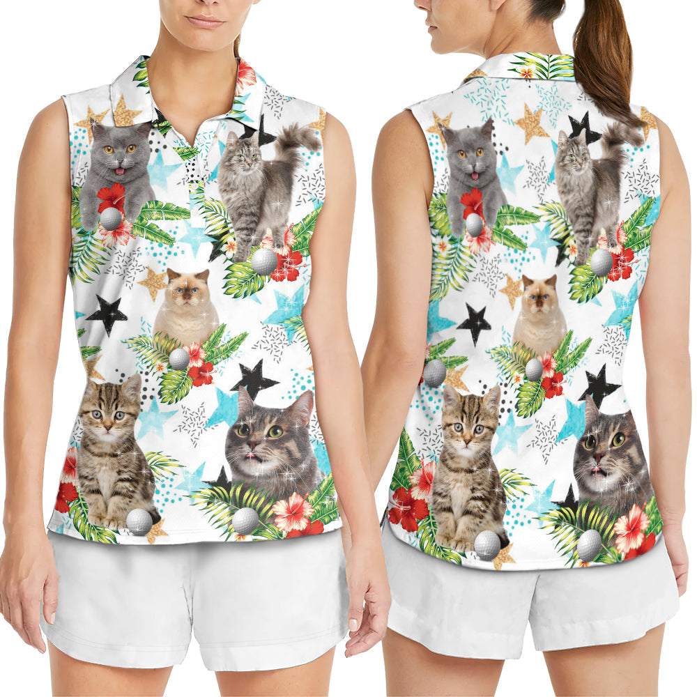 Cat Play Golf Tropical Flower Bling - Women's Polo Shirt - Owls Matrix LTD