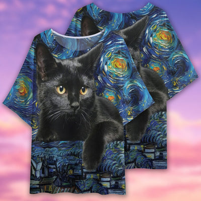 Black Cat Starry Night Art Style - Women's T-shirt With Bat Sleeve - Owls Matrix LTD