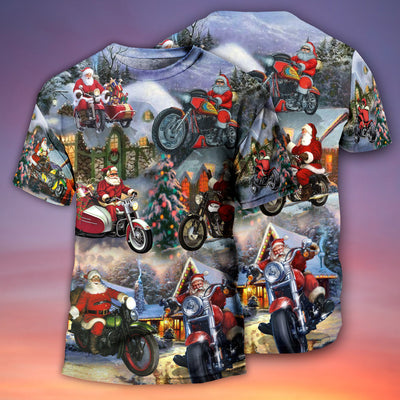 Christmas Santa Claus Driving Motorcycle Bike Gift Light Art Style - Round Neck T-shirt - Owls Matrix LTD