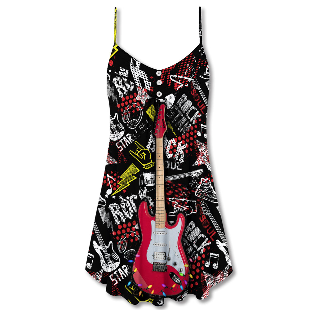 Christmas Love Guitar Rock Soul - V-neck Sleeveless Cami Dress - Owls Matrix LTD