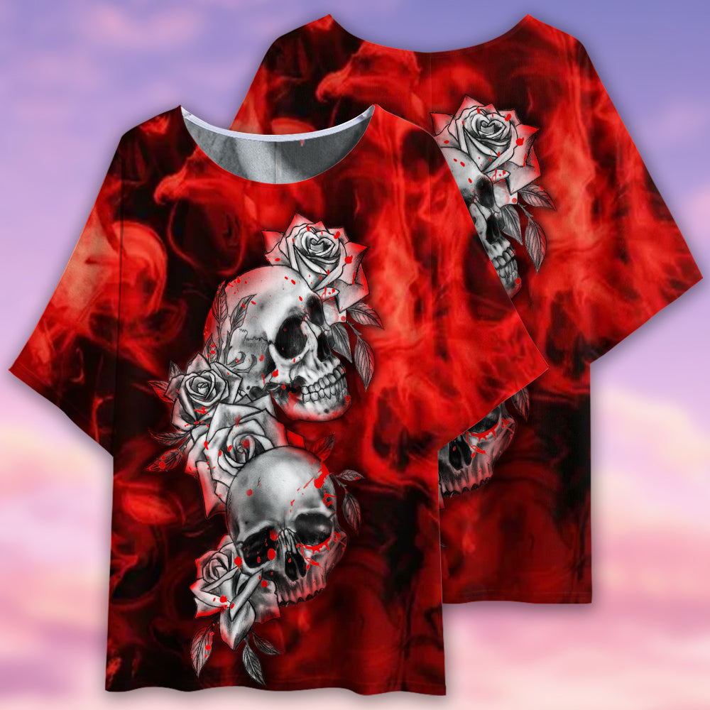 Skull Flower Blood Style - Women's T-shirt With Bat Sleeve - Owls Matrix LTD