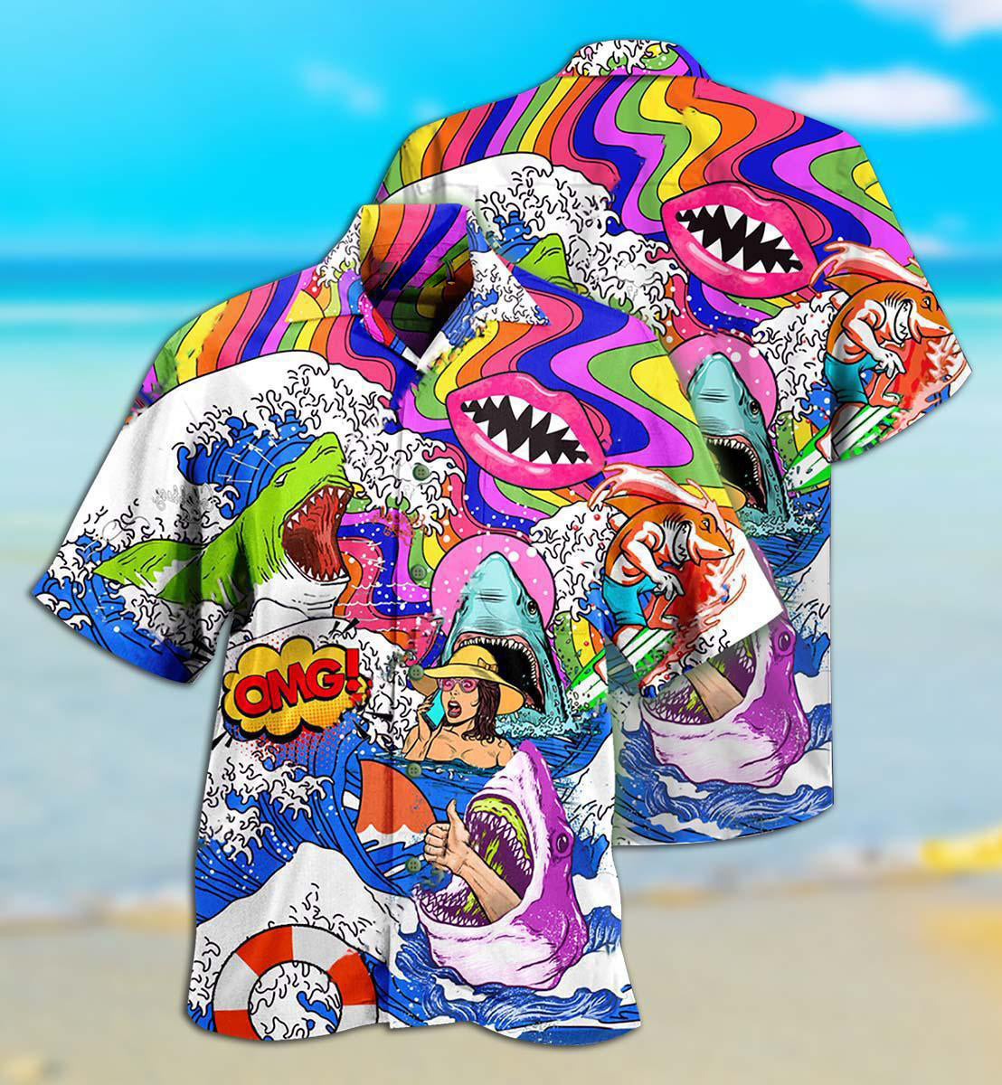 Hippie Shark Hippie Shark And Girl - Hawaiian Shirt - Owls Matrix LTD