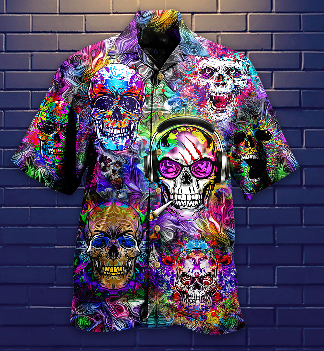 Hippie Skull Color Flowers - Hawaiian Shirt - Owls Matrix LTD