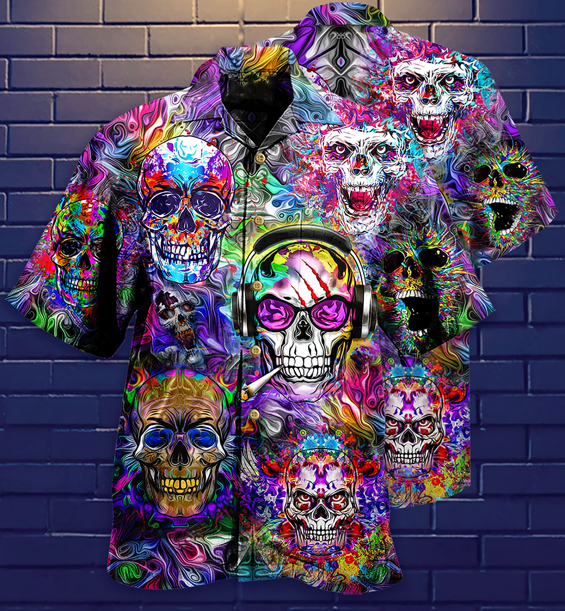 Hippie Skull Color Flowers - Hawaiian Shirt - Owls Matrix LTD
