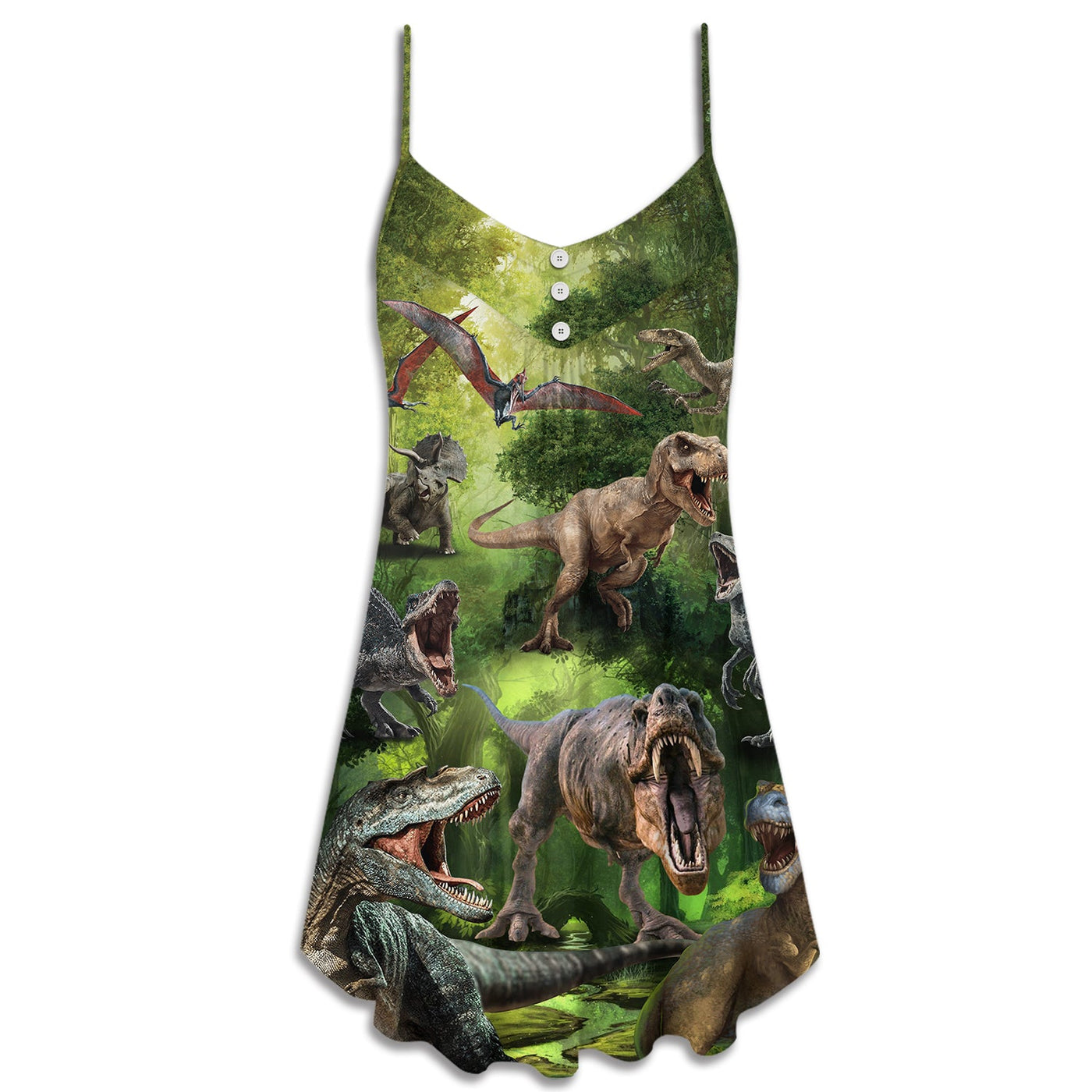 Dinosaur Cool In The Forest Style - V-neck Sleeveless Cami Dress - Owls Matrix LTD
