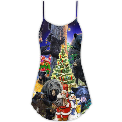Bear Family Santa Merry Christmas Snow - V-neck Sleeveless Cami Dress - Owls Matrix LTD