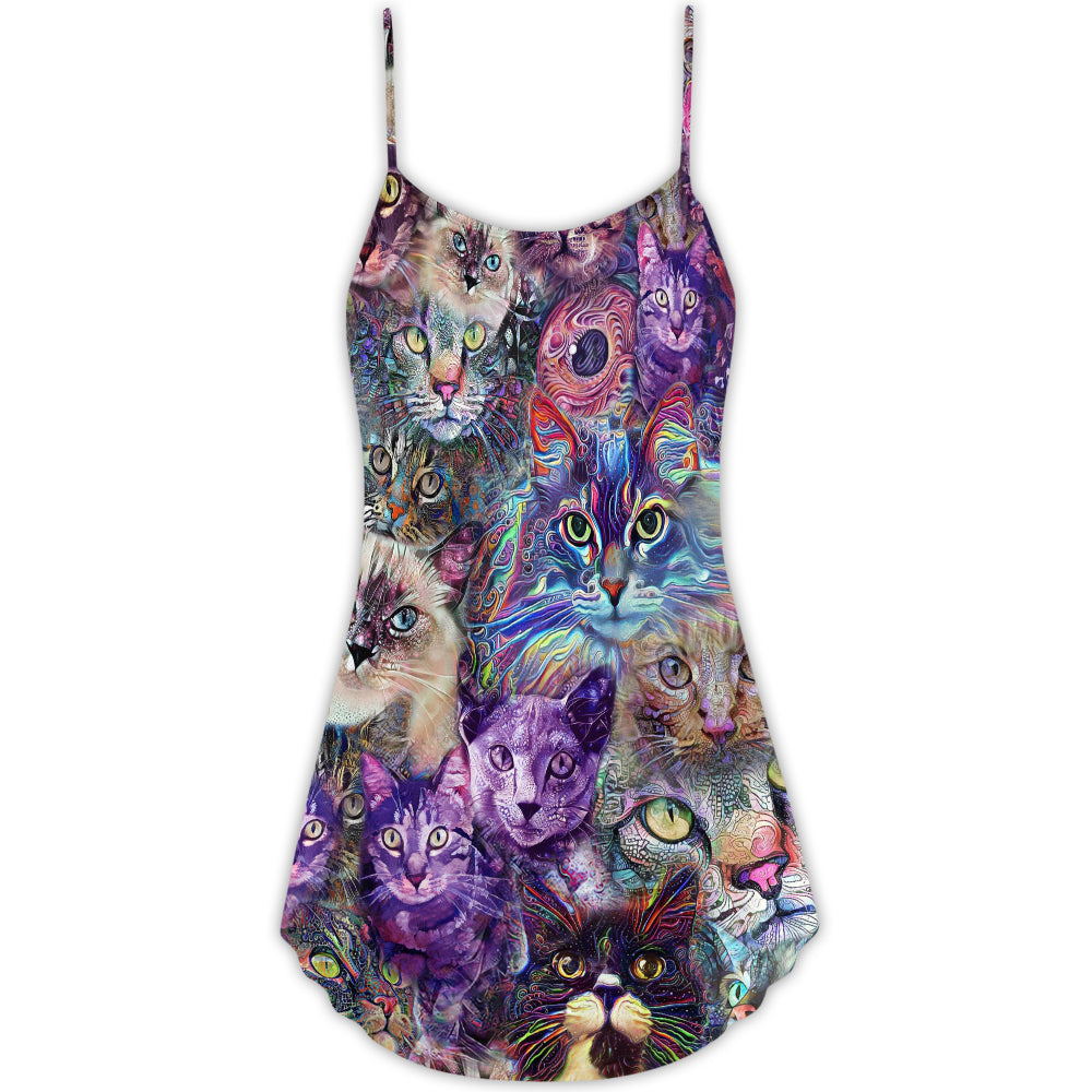 Cat Psychedelic Purple Style - V-neck Sleeveless Cami Dress - Owls Matrix LTD