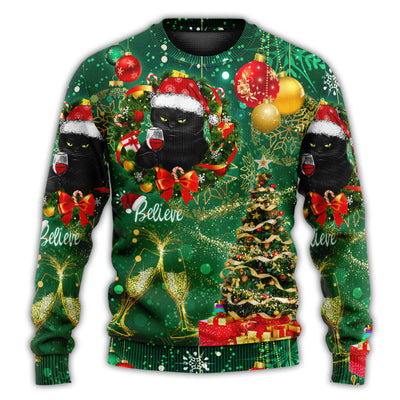 Christmas Sweater / S Christmas Black Cat Drinking Happy Christmas Tree Green Light - Sweater - Ugly Christmas Sweaters - Owls Matrix LTD