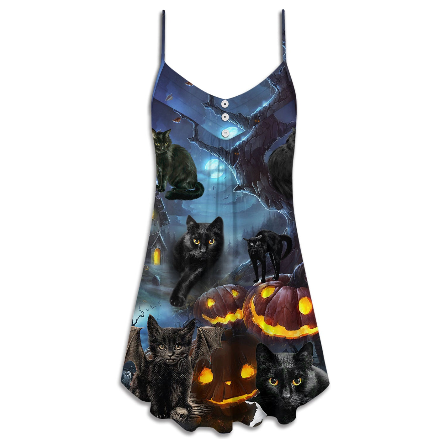 Halloween Black Cat Dark Night Style - V-neck Sleeveless Cami Dress - Owls Matrix LTD