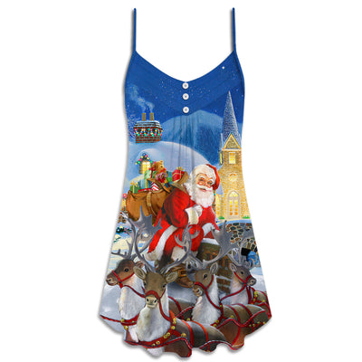 Christmas Santa Claus Reindeer Gift For Xmas Art Style - V-neck Sleeveless Cami Dress - Owls Matrix LTD