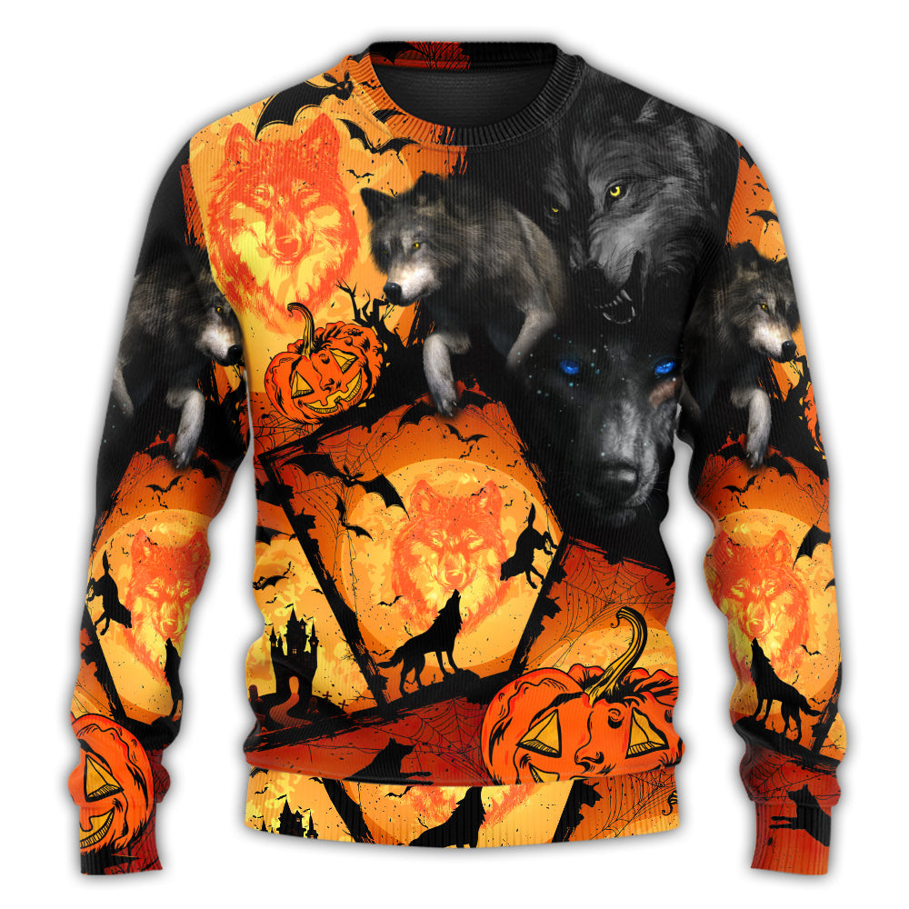 Halloween Wolf Pumpkin Scary - Sweater - Ugly Christmas Sweaters - Owls Matrix LTD