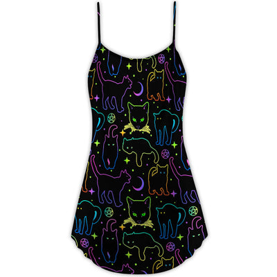 Cat Neon Colorful Playing With Kitten Magical - V-neck Sleeveless Cami Dress - Owls Matrix LTD
