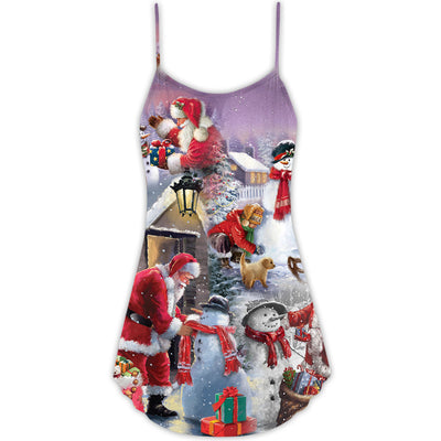 Christmas Santa Claus Build Snowman Gift For You - V-neck Sleeveless Cami Dress - Owls Matrix LTD