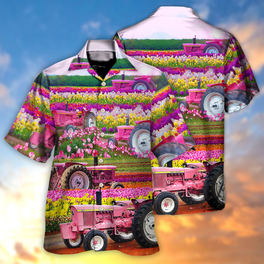 Tractor In Field Tulip Rural Landscape Majestically - Hawaiian Shirt - Owls Matrix LTD