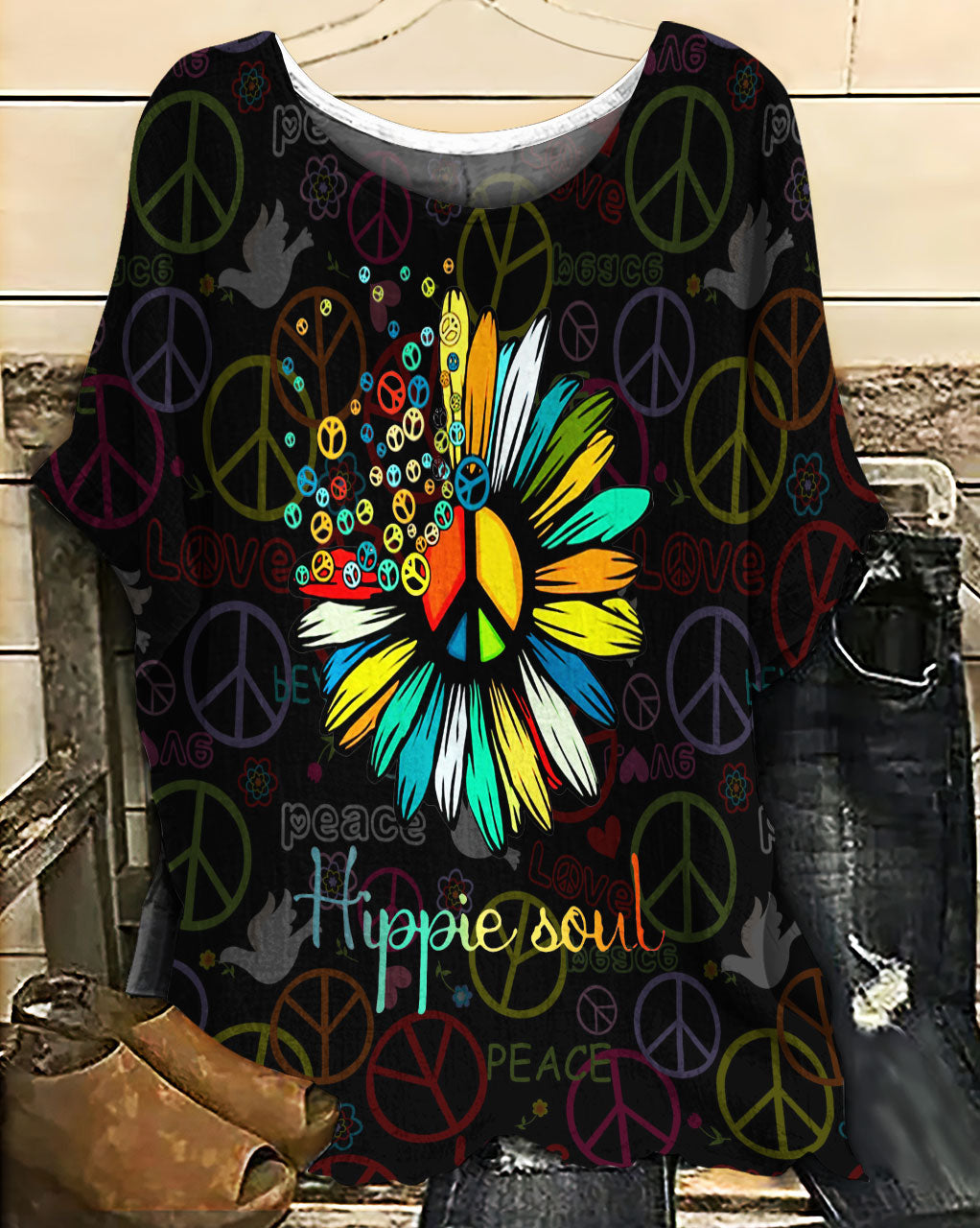 Hippie Sunflower Hippie Soul Life - Women's T-shirt With Bat Sleeve - Owls Matrix LTD