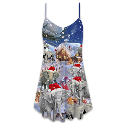 Christmas Elephant Happy Town - V-neck Sleeveless Cami Dress - Owls Matrix LTD