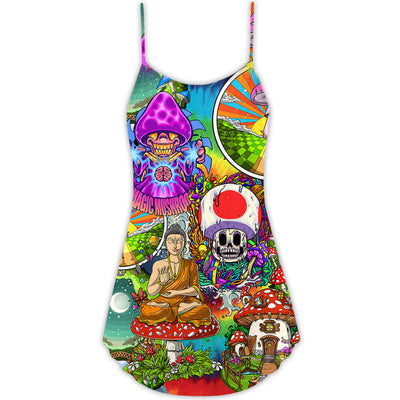 Hippie Mushroom Peace Colorful Let It Be - V-neck Sleeveless Cami Dress - Owls Matrix LTD
