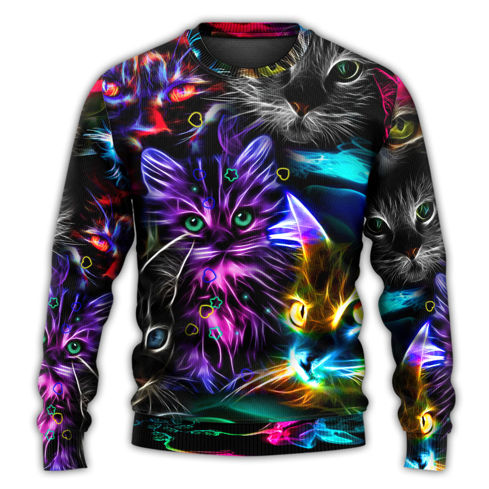 Christmas Sweater / S Cat Funny Neon Light Colorful Style - Sweater - Ugly Christmas Sweaters - Owls Matrix LTD