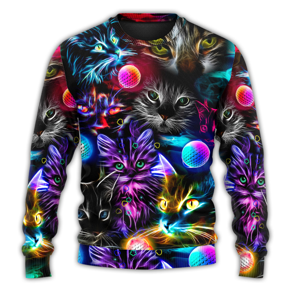 Christmas Sweater / S Cat Play Golf Neon Lightning Colorful Style - Sweater - Ugly Christmas Sweaters - Owls Matrix LTD