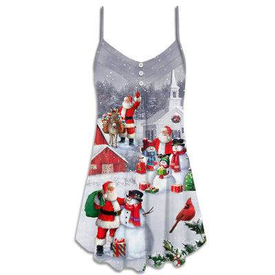 Christmas Santa Claus With Snowman Family In The Town Art Style - V-neck Sleeveless Cami Dress - Owls Matrix LTD
