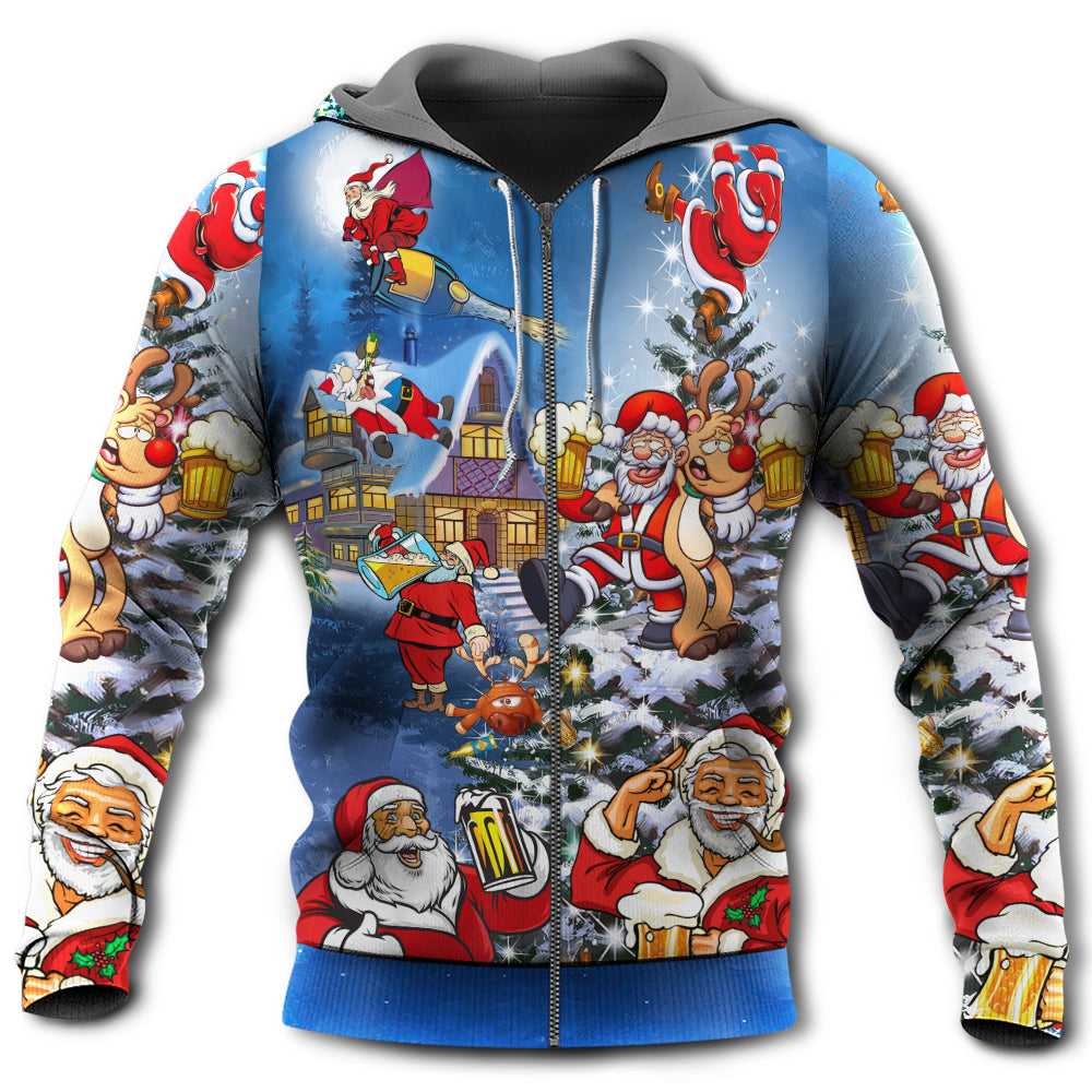 Zip Hoodie / S Christmas Funny Santa Claus Drinking Beer Troll Xmas - Hoodie - Owls Matrix LTD