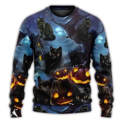 Christmas Sweater / S Halloween Black Cat Dark Night Style - Sweater - Ugly Christmas Sweaters - Owls Matrix LTD