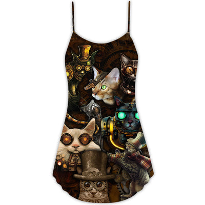 Cat Steampunk Art Steal Heart - V-neck Sleeveless Cami Dress - Owls Matrix LTD