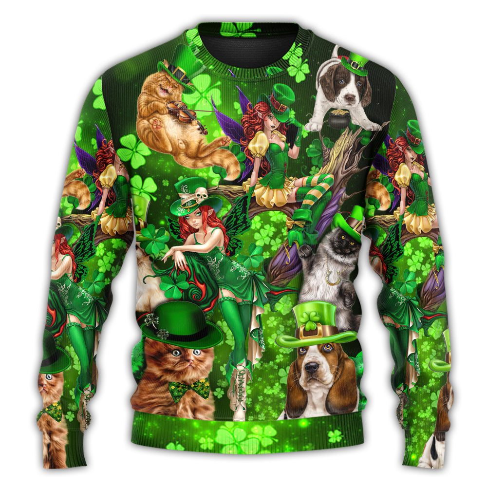 Irish Cat Girl St Patrick's Day Green Light - Sweater - Ugly Christmas Sweaters - Owls Matrix LTD