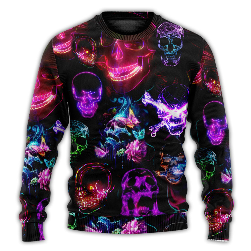 Christmas Sweater / S Skull Neon Art Happy Holiday - Sweater - Ugly Christmas Sweaters - Owls Matrix LTD