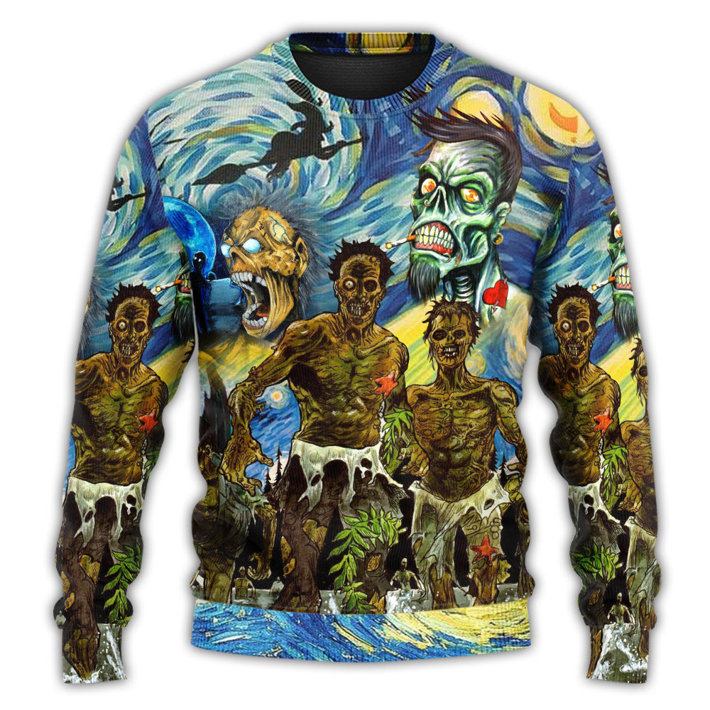 Christmas Sweater / S Halloween Zombie Crazy Starry Night Funny Boo Art Style - Sweater - Ugly Christmas Sweaters - Owls Matrix LTD