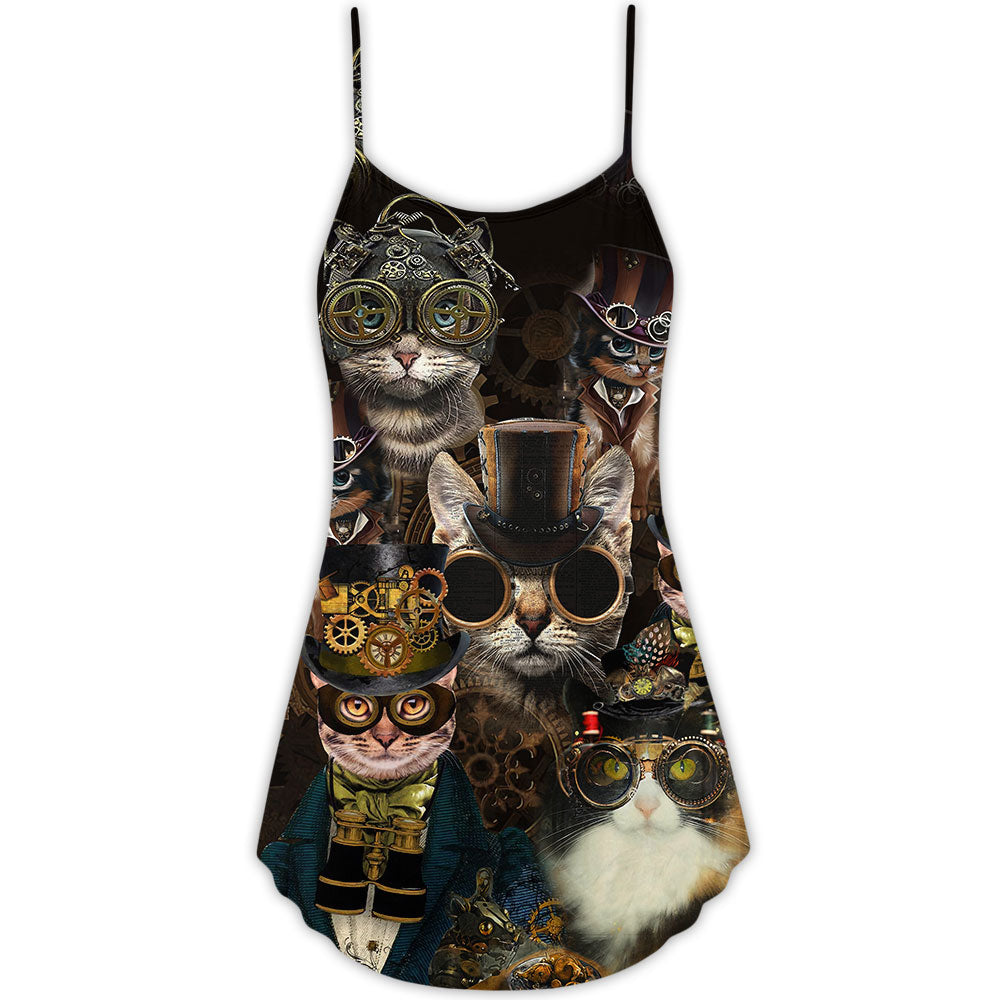Cat Steampunk Art Machines Lover - V-neck Sleeveless Cami Dress - Owls Matrix LTD