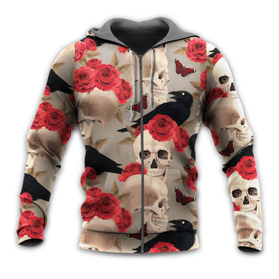 Zip Hoodie / S Skull With Rose Flower And Raven Gothic Style- Hoodie - Owls Matrix LTD