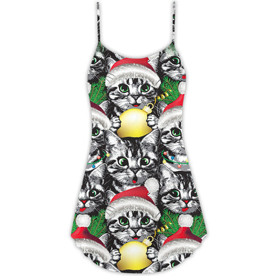 Christmas Meowy Xmas Cat Lover - V-neck Sleeveless Cami Dress - Owls Matrix LTD