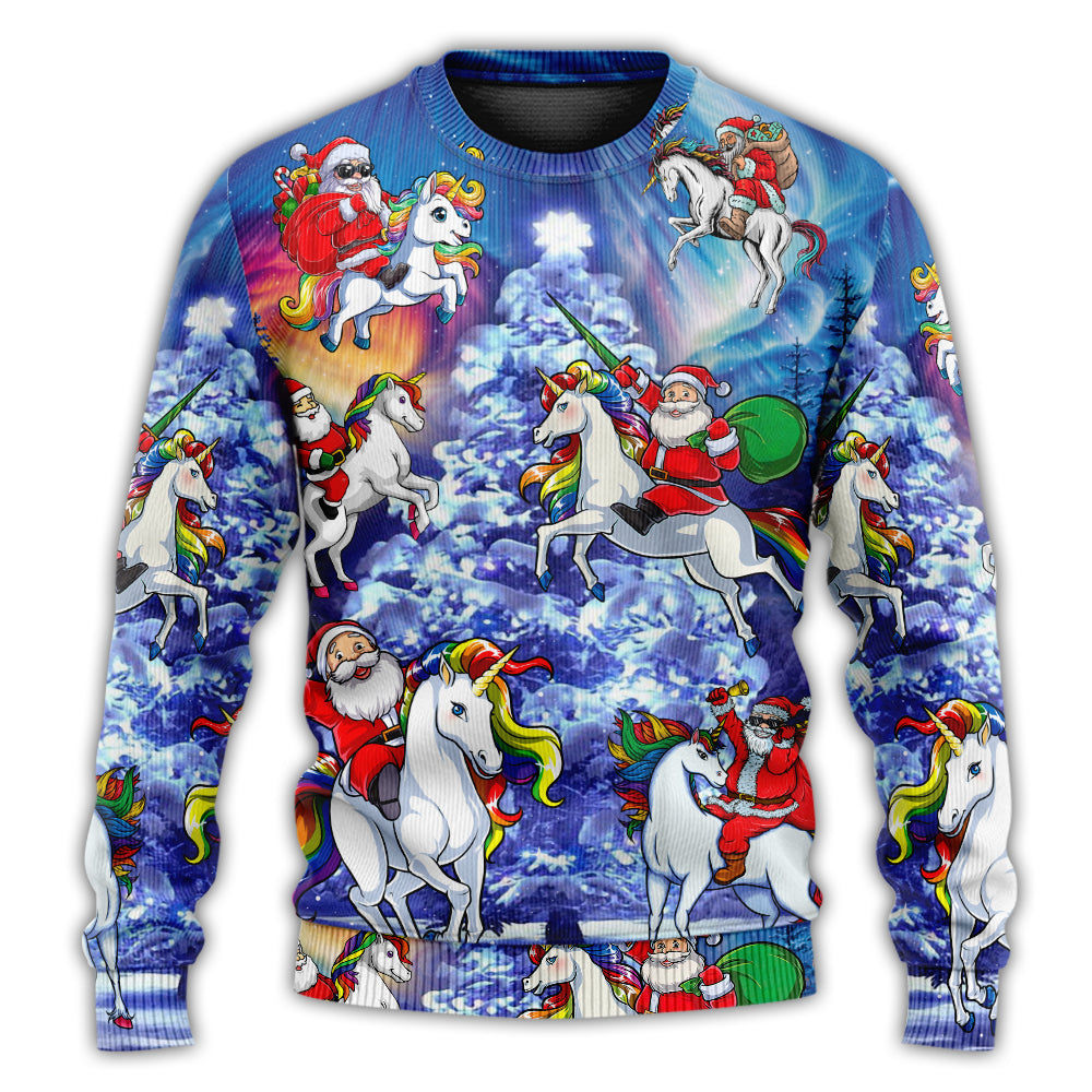 Christmas Sweater / S Christmas Funny Santa Claus Riding Unicorn Rainbow Sky Night - Sweater - Ugly Christmas Sweaters - Owls Matrix LTD