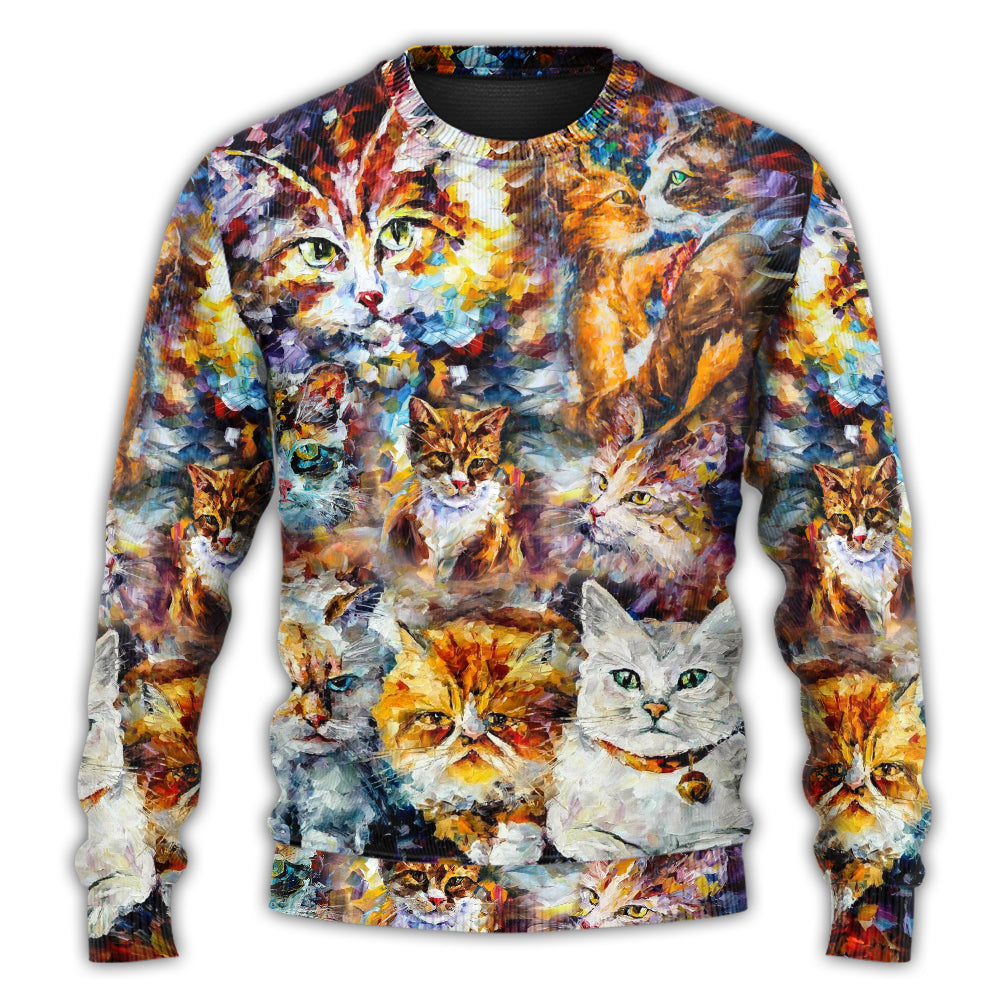 Christmas Sweater / S Cat Art Lover Cat Colorful Mixer - Sweater - Ugly Christmas Sweaters - Owls Matrix LTD